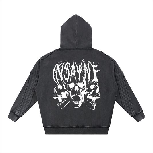 INSAYNE Snow Washed Tape Raw Edge Zip Hoodie