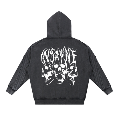 INSAYNE Snow Washed Tape Raw Edge Zip Hoodie