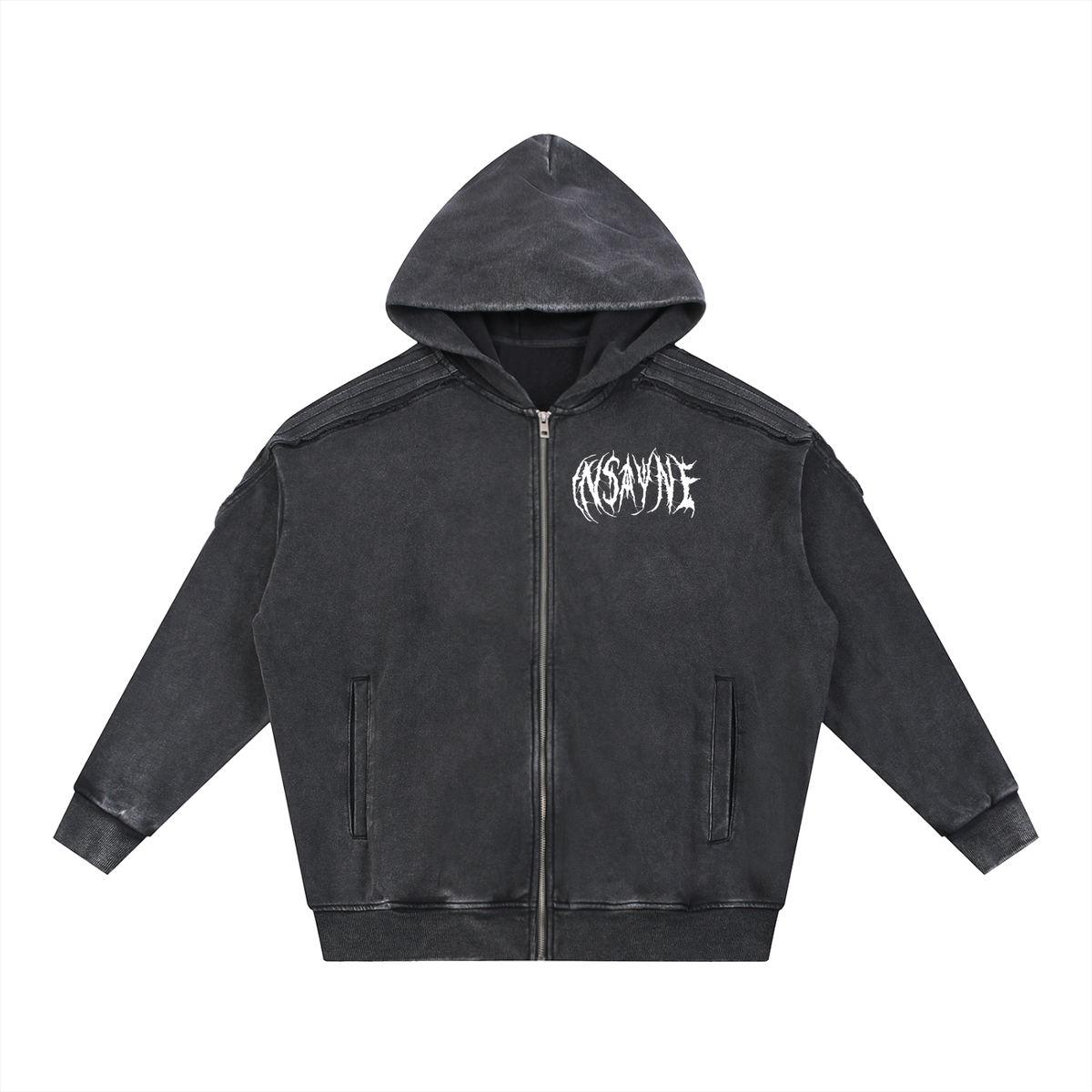 INSAYNE Snow Washed Tape Raw Edge Zip Hoodie