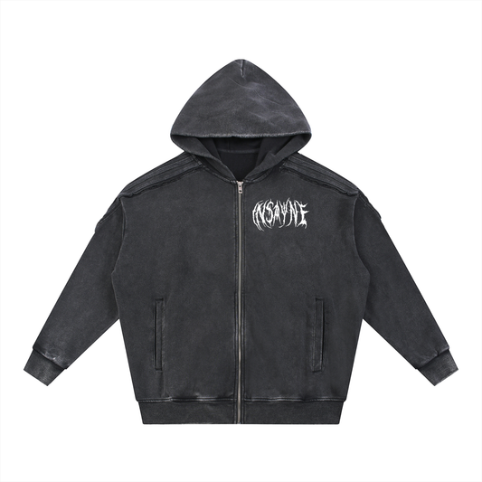 INSAYNE Snow Washed Tape Raw Edge Zip Hoodie
