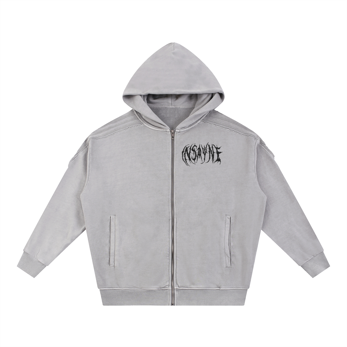 INSAYNE Snow Washed Tape Raw Edge Zip Hoodie