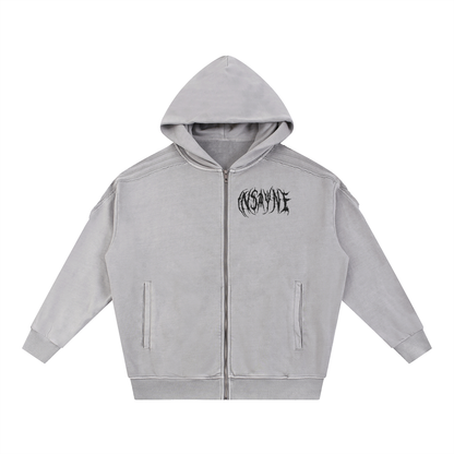 INSAYNE Snow Washed Tape Raw Edge Zip Hoodie